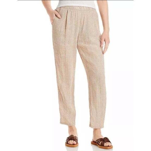 Eileen Fisher Pants - Eileen Fisher NWT Large Beige Gingham Pull On Pants Organic Linen Tapered Pant